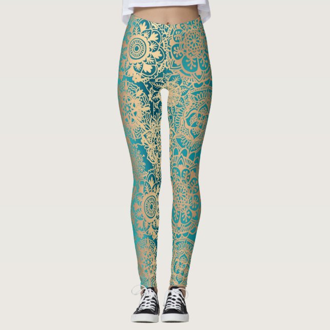 Legging Teal Green e Dourado Boho Mandala Padrão Yoga (Frente)