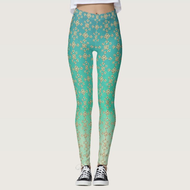 Legging Teal Ombre & Shades de Cinzas, Azulejo Geométrico (Frente)