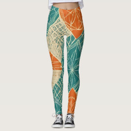 Legging Teal, Orange, and Tan Abstract Flowers 