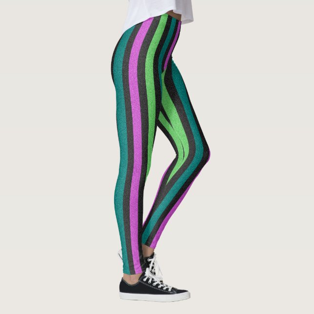Legging Teal, Verde limão, Brilhante Rosa-Quente Striped S (Direita)