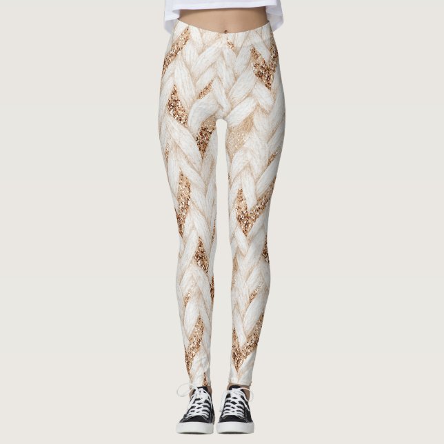 Legging Tecido Falso Branco Trançado com Purpurina Dourada (Frente)