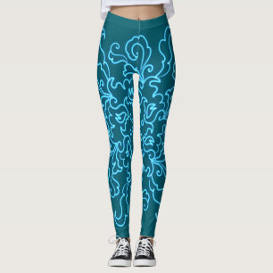 Legging Tendência de Arte com Abstrato de Linha Azul Neon