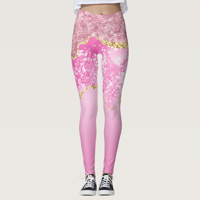 Legging Tendência Dourada de Lama de Glitter Rosa (Frente)