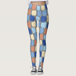 Legging Tendência Retro Azul Laranja e Círculos Amarelos D