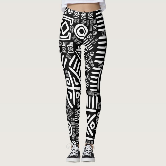 Legging Teste padrão africano étnico #6 preto e branco (Frente)