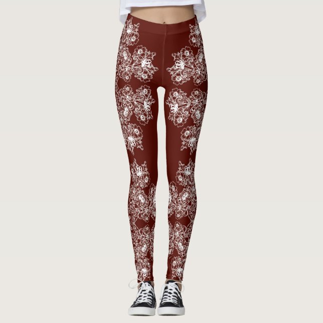 Legging Teste padrão barroco floral do marrom do estilo (Frente)