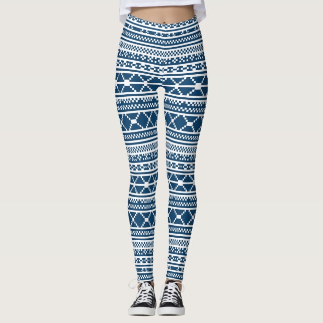 Legging Teste padrão branco azul da malha da camisola (Frente)