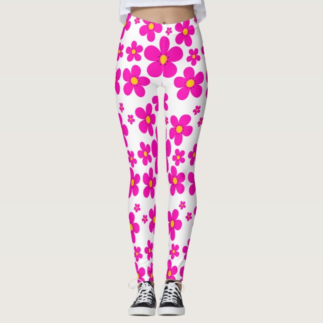 Legging Teste padrão cor-de-rosa floral retro (Frente)