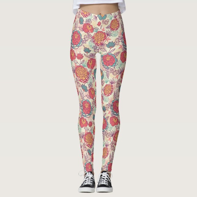 Legging Teste padrão das flores e das folhas da peônia (Frente)