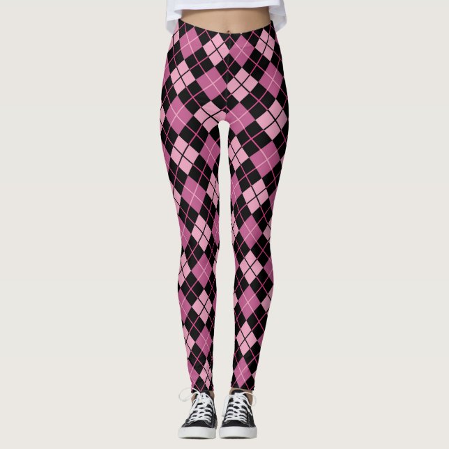 Legging Teste padrão de Argyle no preto e no rosa (Frente)
