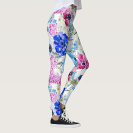 Legging Teste padrão de flores roxo azul da meia-noite da