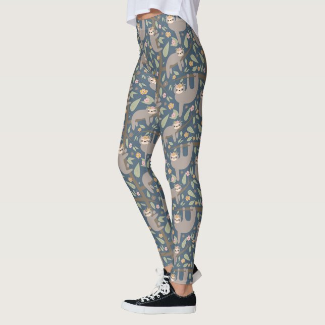 Legging Teste padrão floral bonito da preguiça (Esquerda)