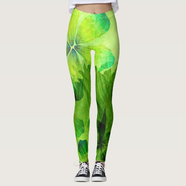Legging Teste padrão floral da aguarela verde (Frente)