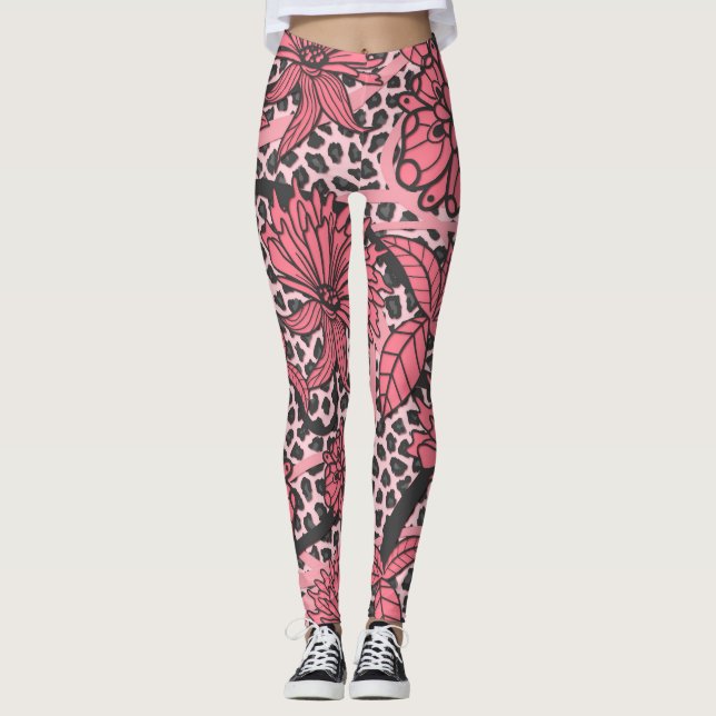 Legging Teste padrão floral preto cor-de-rosa bonito do (Frente)