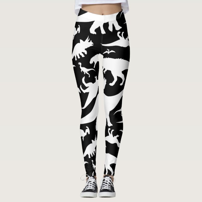 Legging Teste padrão preto e branco do dinossauro (Frente)