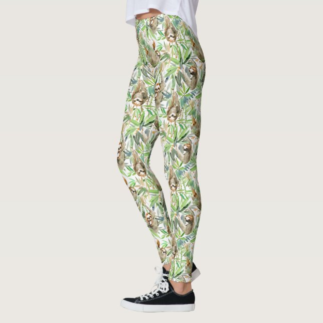 Legging Teste padrão tropical da preguiça da aguarela (Esquerda)