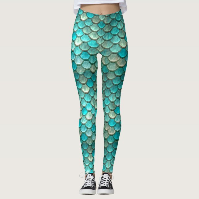 Legging Teste padrão verde minty das escalas de peixes da (Frente)