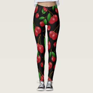 Legging Teste padrão vermelho doce das cerejas no preto
