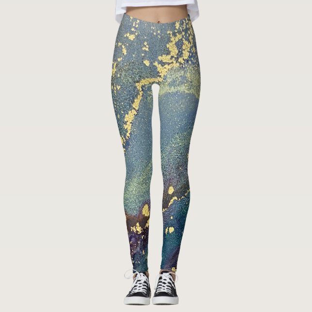 Legging Teto Azul com abstrato de Tinta Álcool e Dourado (Frente)