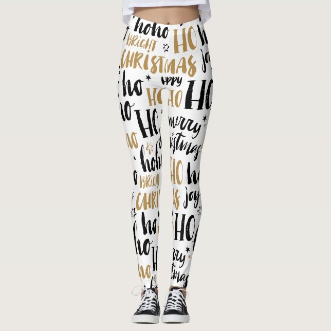 Legging Texto de Arte de Natal Preto e Dourado (Frente)