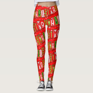 Legging Texto de Natal Feliz Vermelho Verde Branco