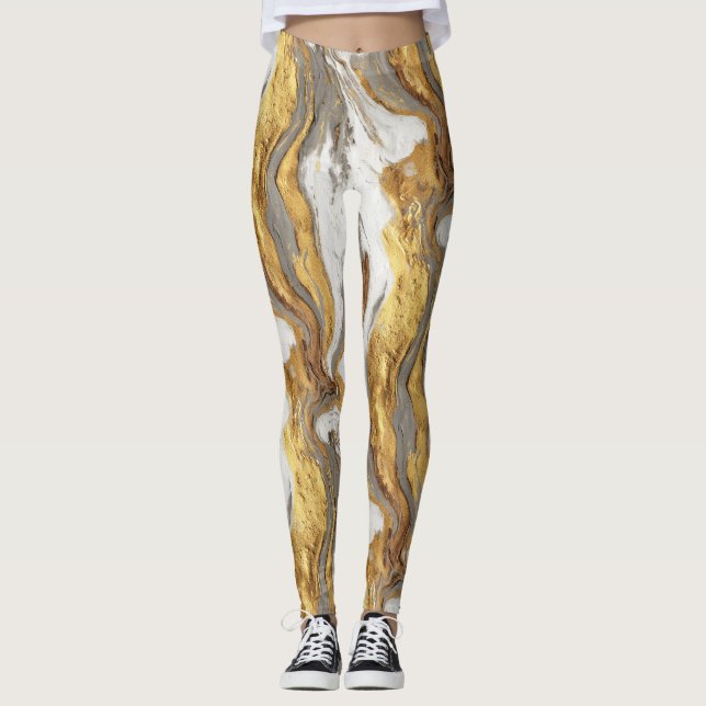 Legging Textura Abstrata de Mármore Cinza com Ouro Fluido (Frente)