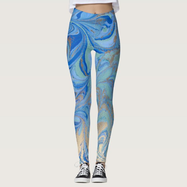 Legging Textura de cor líquida Dourada azul (Frente)