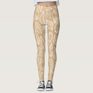 Legging Textura de madeira russa com padrão de folhas bran
