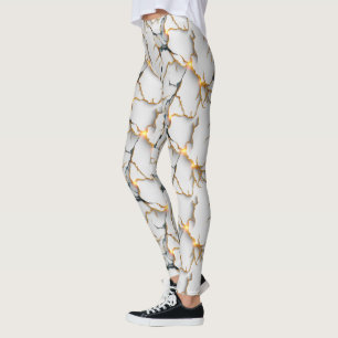 Legging Textura de Mármore Branco com Veias Douradas Brilh