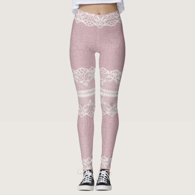 Legging Textura de rendas brancas, cor-de-rosa, pastel (Frente)
