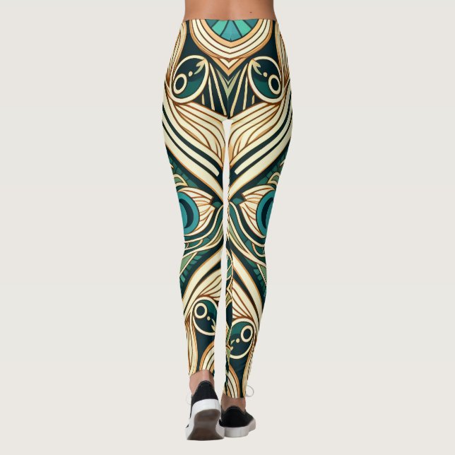 Legging Textura Dourada e verde de penas abstrato de pavão (Verso)