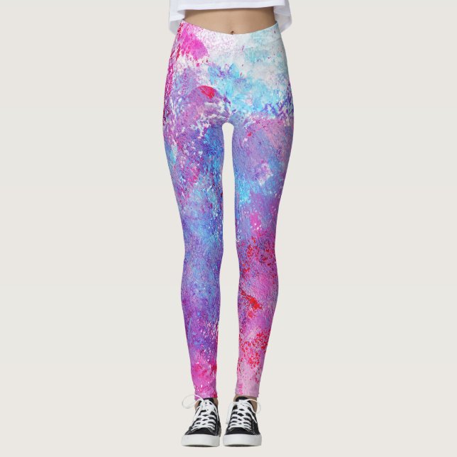Legging Textura rosa-azul criativa, manchas de tinta. (Frente)