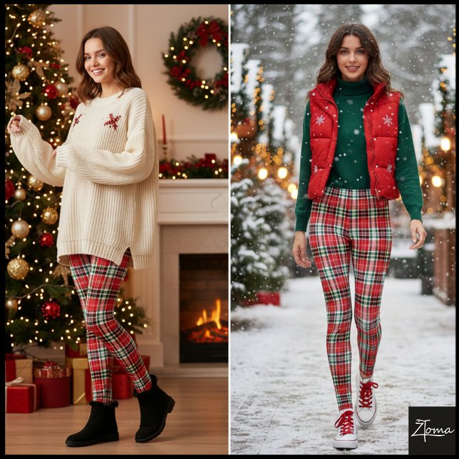 Legging Textura Xadrez Densa Vermelha Verde Feriado (Criador carregado)