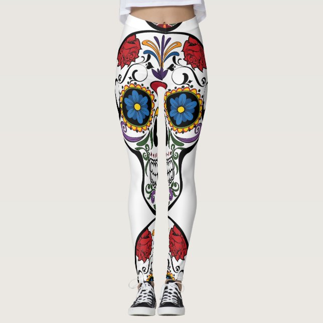 Legging Thunder_Cove do Crânio Humano Decorrido da Flor (Frente)