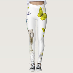Legging Tigre Branco Borboleta Amarela Poeira Dourada das 