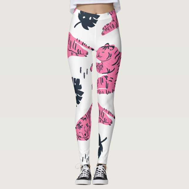 Legging Tigre Rosa Tropical: Desenho De Mão Vintage. (Frente)