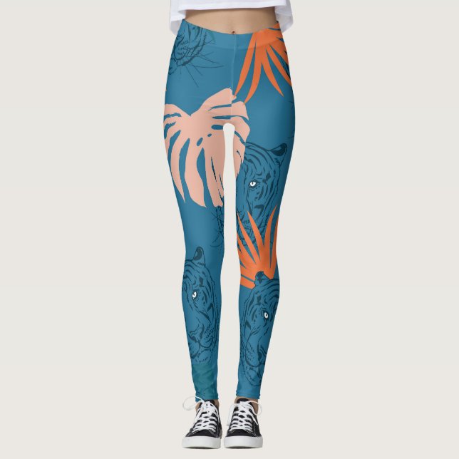 Legging Tigre tropical deixa azul profundo (Frente)