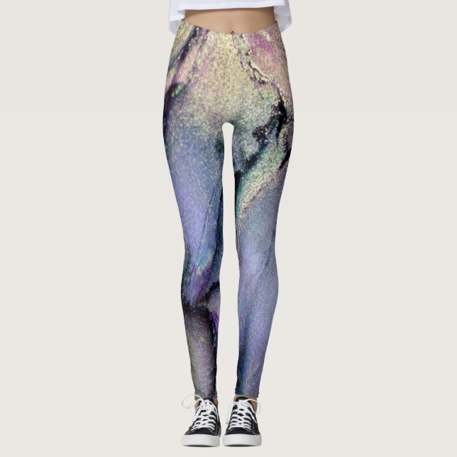 Legging Tinta abstrato de Álcool Shimmery Roxo e Dourado (Frente)