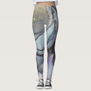 Legging Tinta abstrato de Álcool Shimmery Roxo Teal Dourad