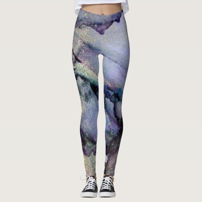 Legging Tinta abstrato de Álcool Shimmery Roxo Teal Dourad (Frente)