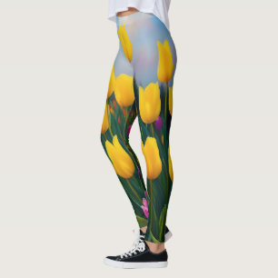 Legging Tinta Amarela De Óleo De Jardim De Tulipas,