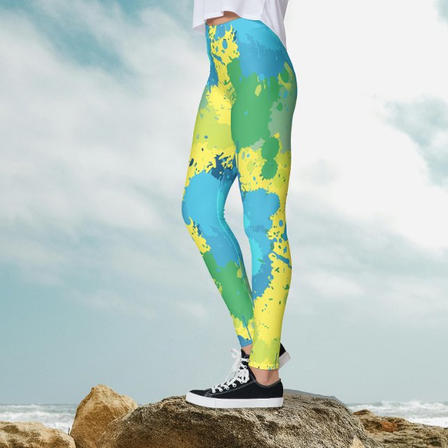 Legging Tinta Salpicada de Cores Turquesa e Amarelo Abstra (Criador carregado)