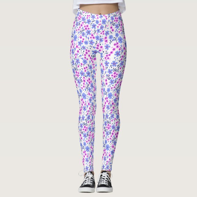 Legging Tiny cute white blue pink floral pattern (Frente)