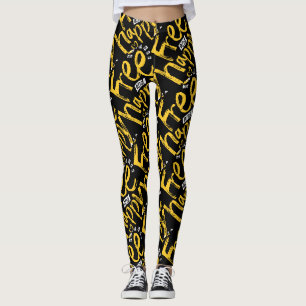 Legging Tipografia Preta Moderna Gratuita Feliz Amarela Pi