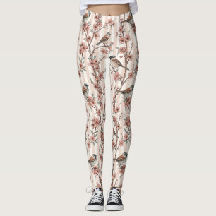 Legging Tiras de Ameixa Flor de Cerejeira do Pardal Asiáti