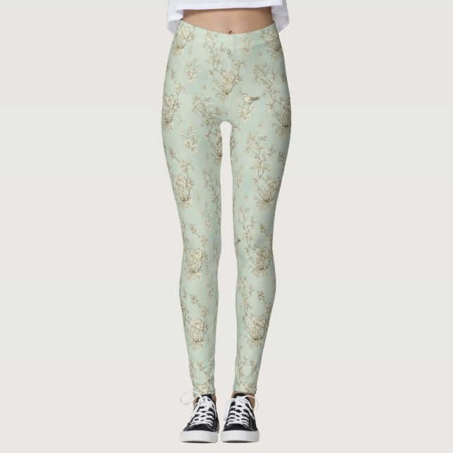 Legging Toile de País Francesa Verde Menta com Pássaros e  (Frente)