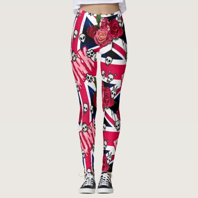 Legging Tomada Sindical Rosa-Rosa Grunge com Emojis e Rosa (Frente)