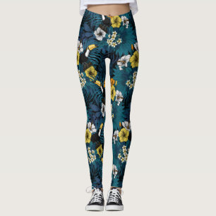 Legging Toques e flora tropical, azul, amarelo, laranja