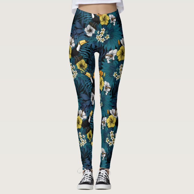 Legging Toques e flora tropical, azul, amarelo, laranja (Frente)