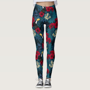 Legging Toucans e flora tropical, verdes e vermelhas